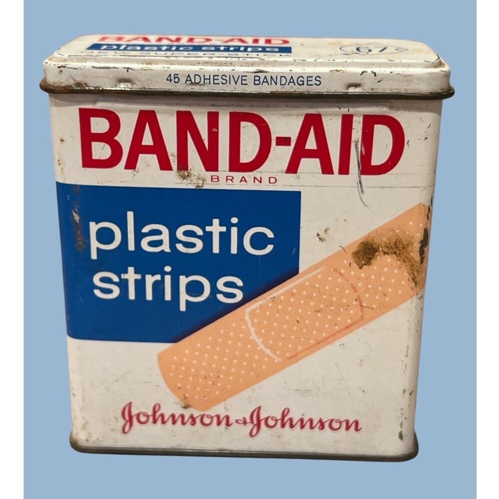 VTG Band-Aid Plastic Strips Metal Container Tin Hinged Lid Americana Advertising